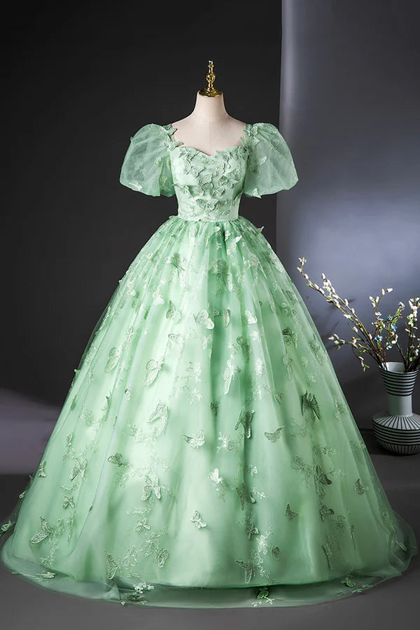 Wholesale Green Tulle Long A-Line Prom Dress with Butterfly Lace Beautiful Short Sleeve Evening Dress